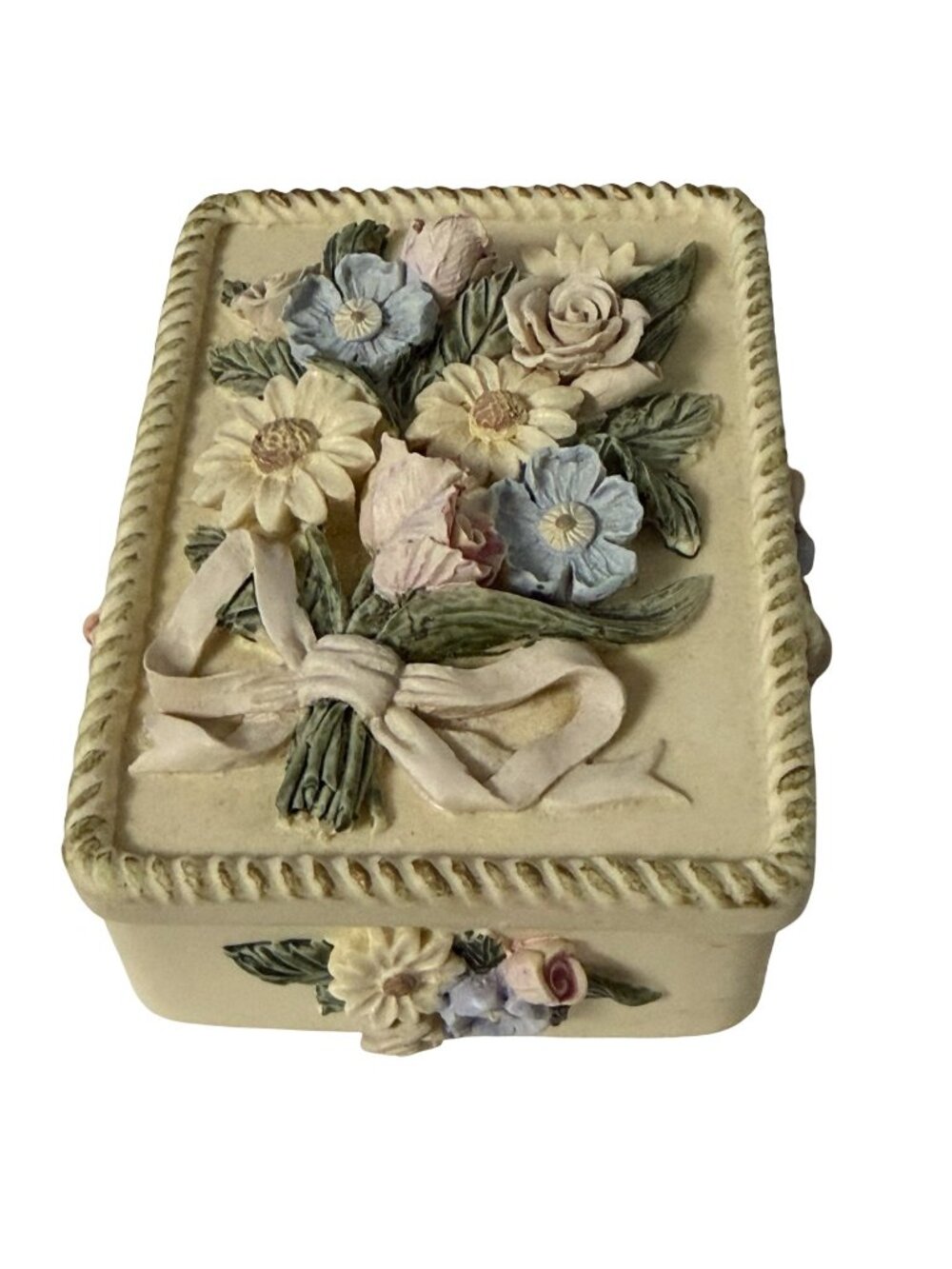 Vintage 1990s Hand Painted Floral Trinket Box 3D Roses Bouquet Bow Victorian